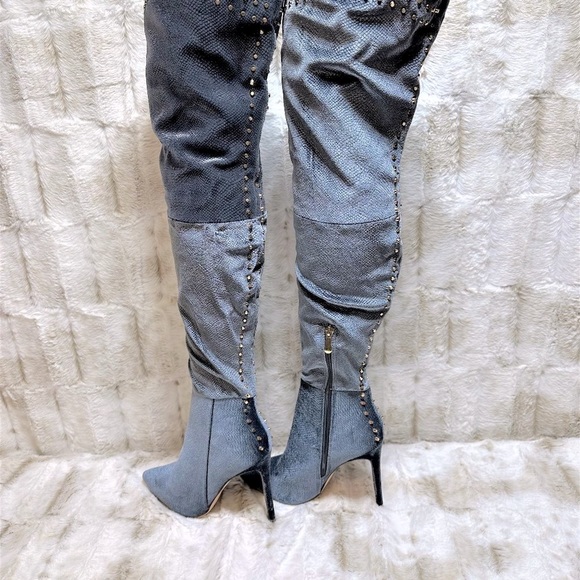 So Me Blue Studded Thigh High Pointy Toe High Heel Boots - Picture 4 of 11
